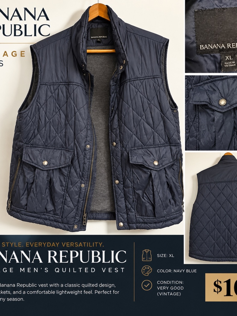 Vintage Banana Republic Men’s XL Navy Quilted Utility Vest – Classic Fall Style